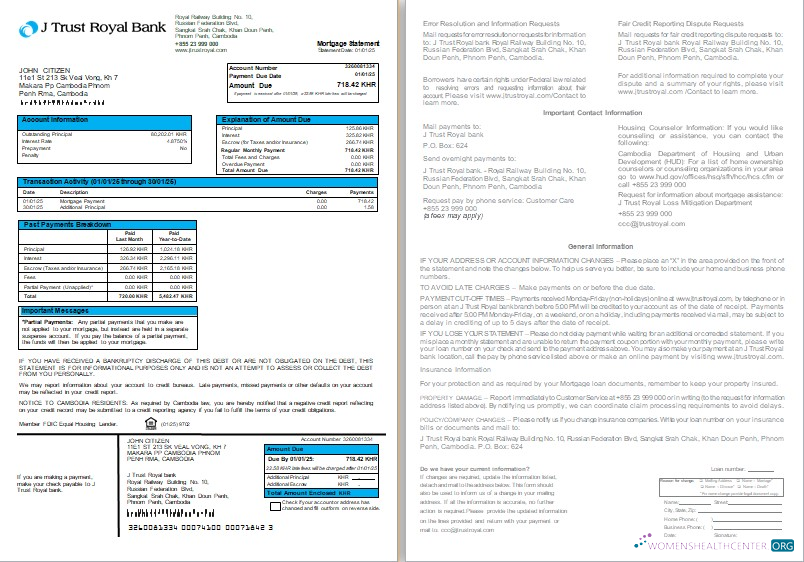 Download Cambodia J Trust Royal bank mortgage statement, 2 pages, 1 2 scr Photoshop template
